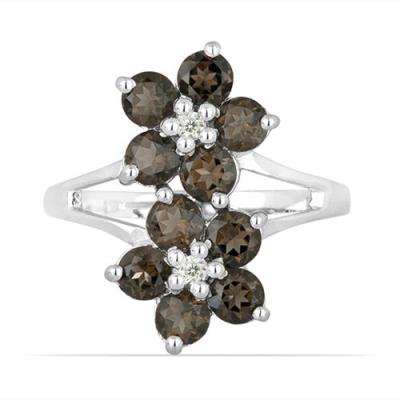 BUY 925 SILVER NATURAL SMOKY GEMSTONE FLORAL RING